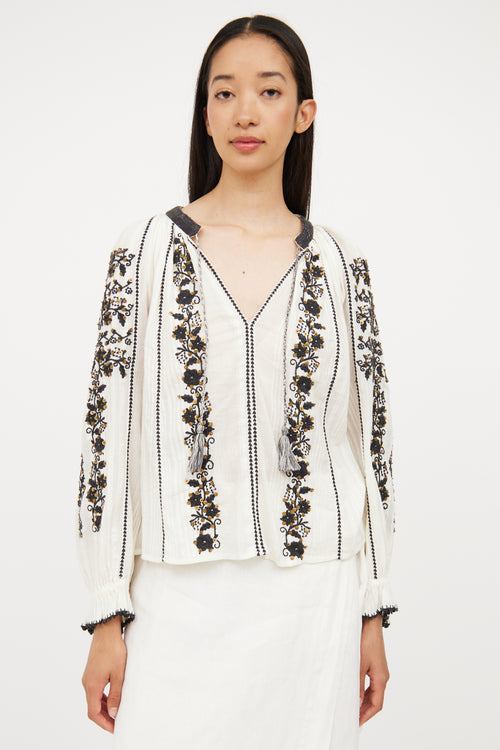 Ulla Johnson White 
Black Embroidered Cotton Blouse