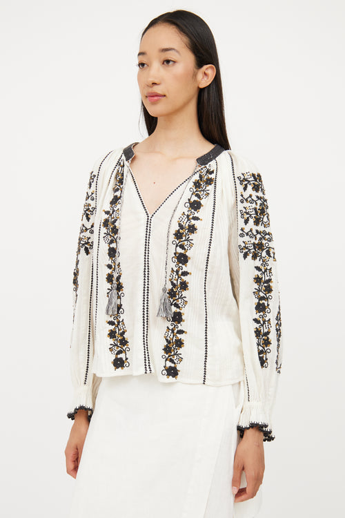 Ulla Johnson White 
Black Embroidered Cotton Blouse