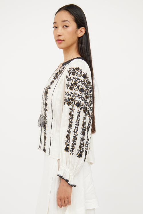 Ulla Johnson White 
Black Embroidered Cotton Blouse