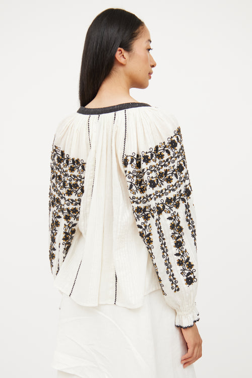 Ulla Johnson White 
Black Embroidered Cotton Blouse