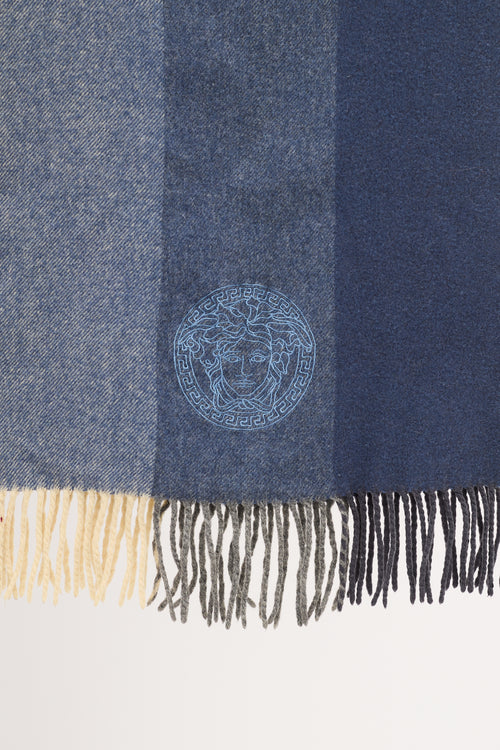 Versace Blue 
Cream Striped Fringe Scarf