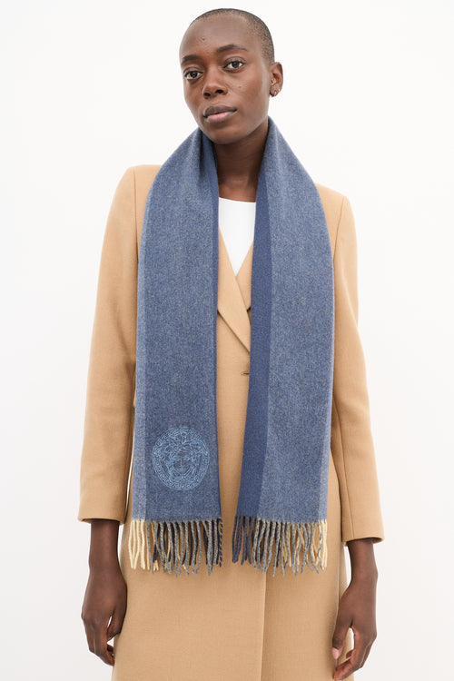 Versace Blue 
Cream Striped Fringe Scarf