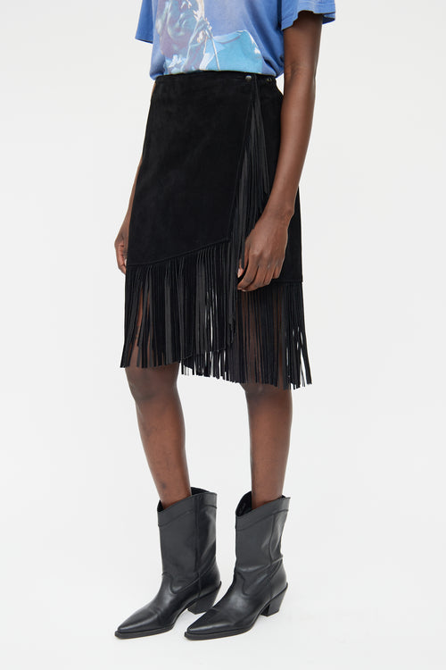 VSP Archive Black Leather Fringe Wrap Skirt