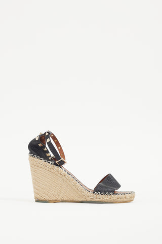 Valentino Black 
Gold Leather Rockstud Espadrille Sandal