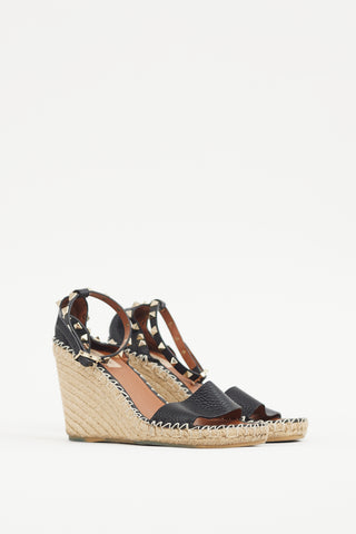 Valentino Black 
Gold Leather Rockstud Espadrille Sandal