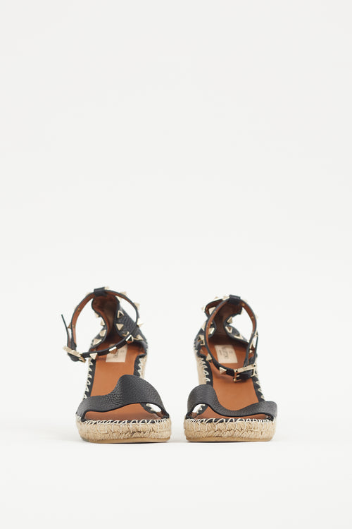 Valentino Black 
Gold Leather Rockstud Espadrille Sandal