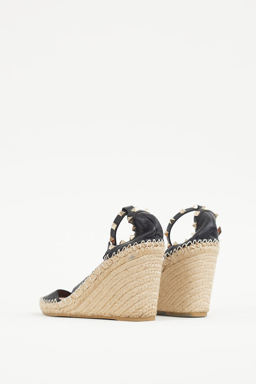 Valentino Black 
Gold Leather Rockstud Espadrille Sandal