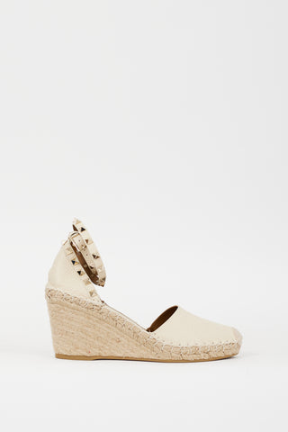 Valentino Cream Leather Rockstud Espadrille Wedge