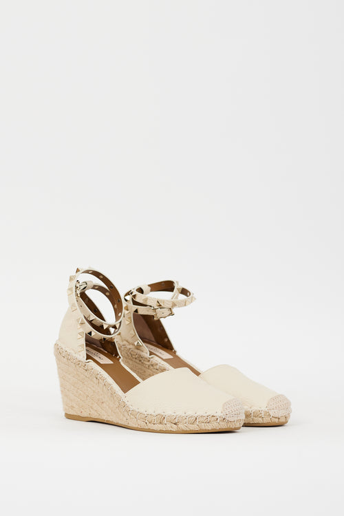 Valentino Cream Leather Rockstud Espadrille Wedge