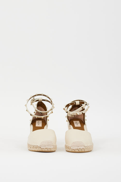 Valentino Cream Leather Rockstud Espadrille Wedge