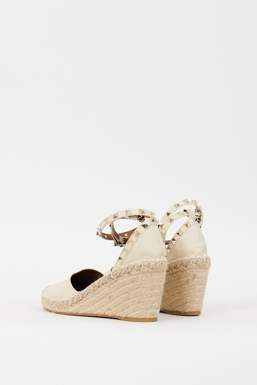 Valentino Cream Leather Rockstud Espadrille Wedge