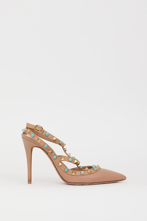 Valentino Beige 
Blue Rolling Rockstud Caged Heel