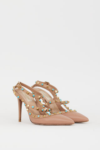 Valentino Beige 
Blue Rolling Rockstud Caged Heel