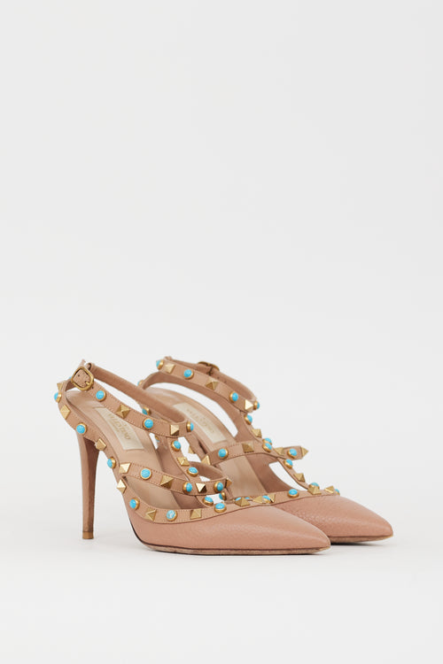 Valentino Beige 
Blue Rolling Rockstud Caged Heel