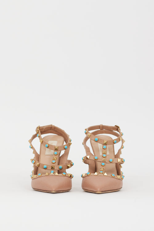 Valentino Beige 
Blue Rolling Rockstud Caged Heel