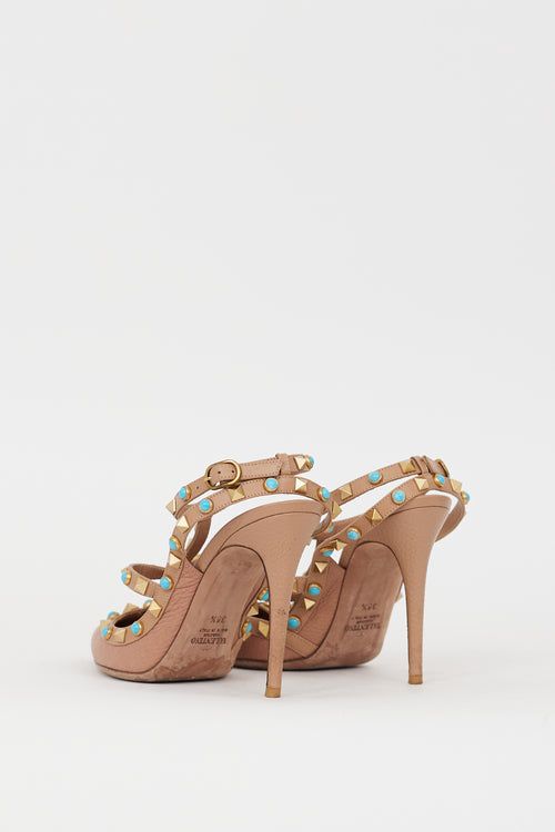 Valentino Beige 
Blue Rolling Rockstud Caged Heel