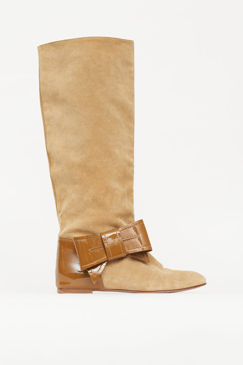 Valentino Beige 
Brown Suede Patent Bow Boot