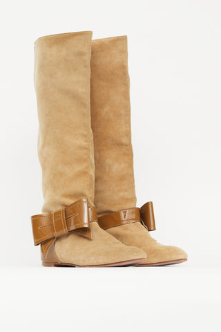 Valentino Beige 
Brown Suede Patent Bow Boot