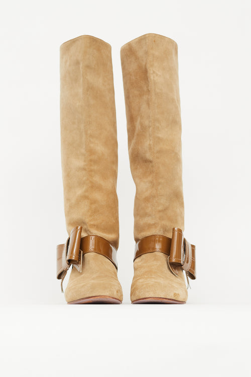 Valentino Beige 
Brown Suede Patent Bow Boot