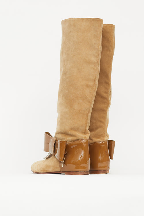 Valentino Beige 
Brown Suede Patent Bow Boot