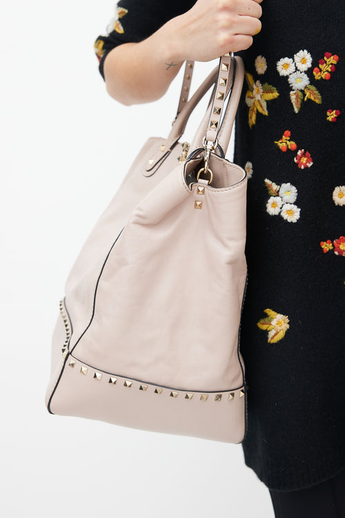 Valentino Beige Leather Rockstud Dome Bucket Bag