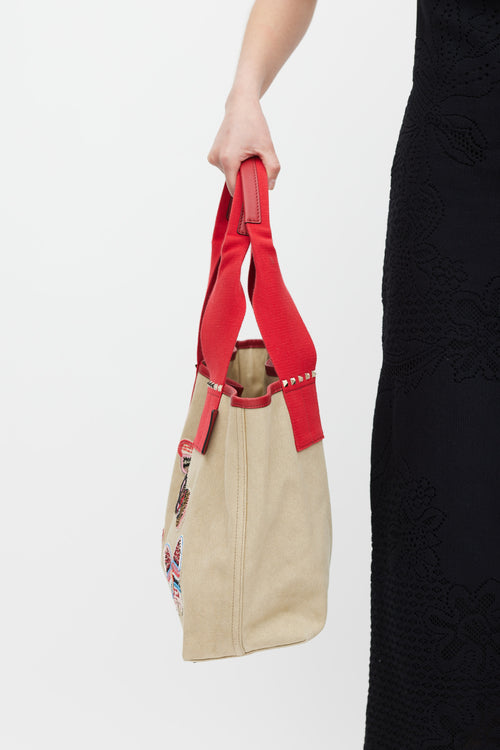 Valentino Beige Red 
Multicolour Canvas Embellished Tote Bag