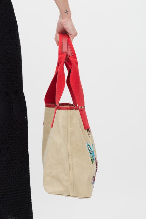 Valentino Beige Red 
Multicolour Canvas Embellished Tote Bag