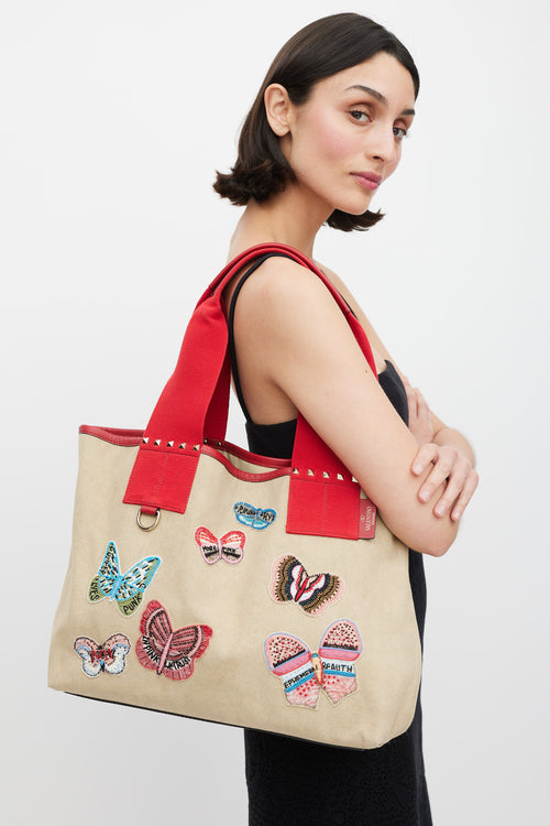 Valentino Beige Red 
Multicolour Canvas Embellished Tote Bag