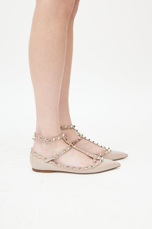 Valentino Beige Patent Rockstud Caged Flat