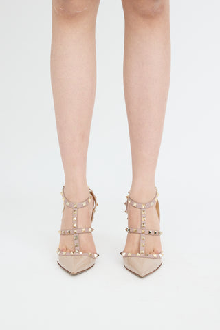 Beige Patent Rockstud Caged Pump