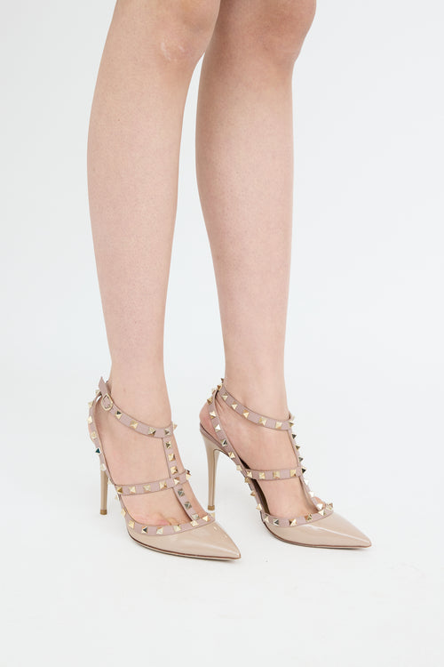 Beige Patent Rockstud Caged Pump