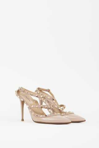 Valentino Beige 
Gold Rockstud Strappy Heel