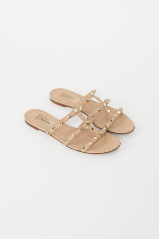 Valentino Beige Leather Rockstud Slide