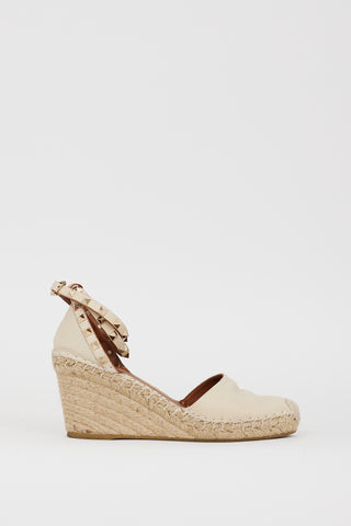 Valentino Cream Leather Rockstud Espadrille Wedge