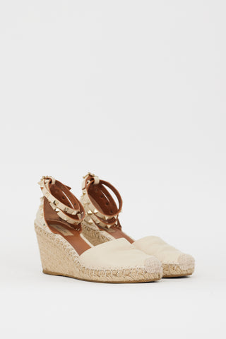 Valentino Cream Leather Rockstud Espadrille Wedge