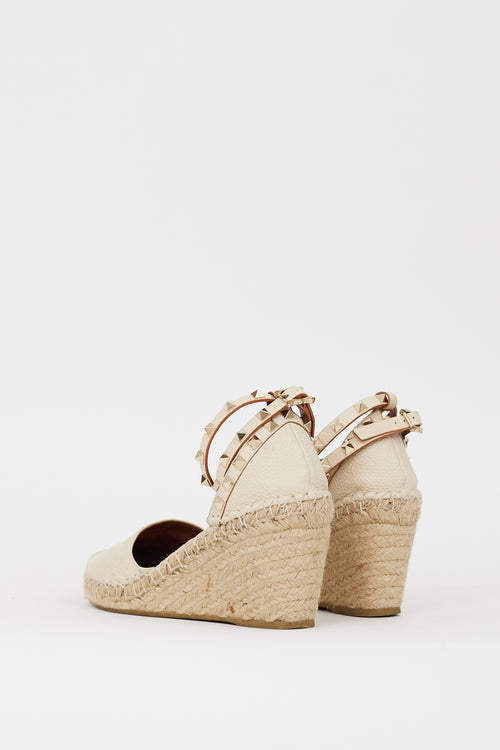 Valentino Cream Leather Rockstud Espadrille Wedge