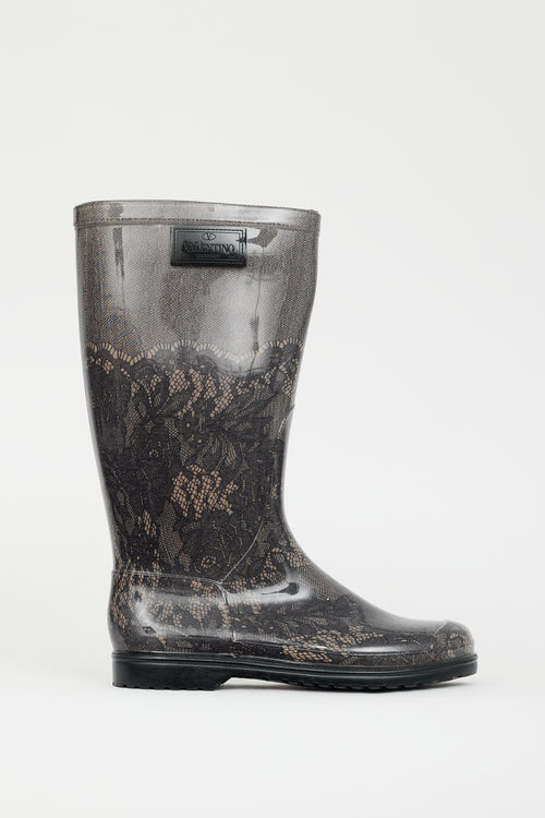 Valentino Black 
Beige Lace Print Rubber Boot