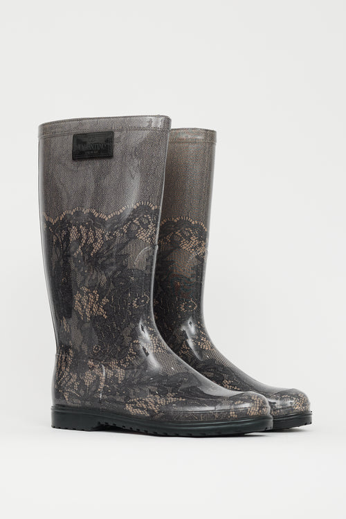 Valentino Black 
Beige Lace Print Rubber Boot