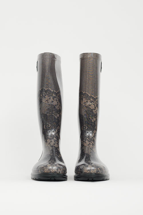 Valentino Black 
Beige Lace Print Rubber Boot