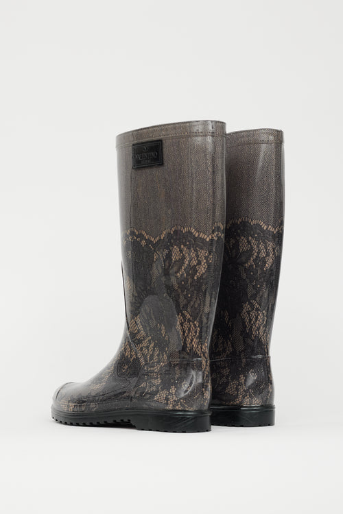 Valentino Black 
Beige Lace Print Rubber Boot