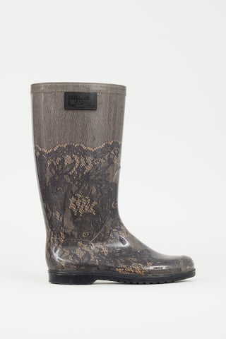 Valentino Black 
Beige Lace Print Rubber Rain Boot