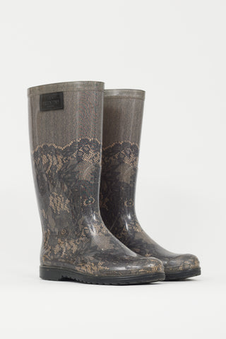 Valentino Black 
Beige Lace Print Rubber Rain Boot