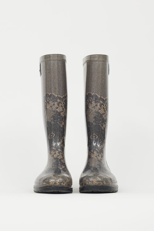 Valentino Black 
Beige Lace Print Rubber Rain Boot