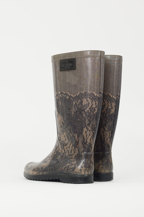 Valentino Black 
Beige Lace Print Rubber Rain Boot