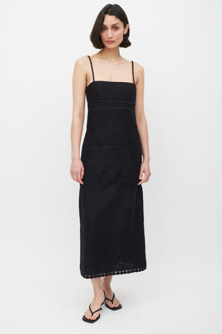 Valentino Black Cotton Floral Eyelet Midi Dress