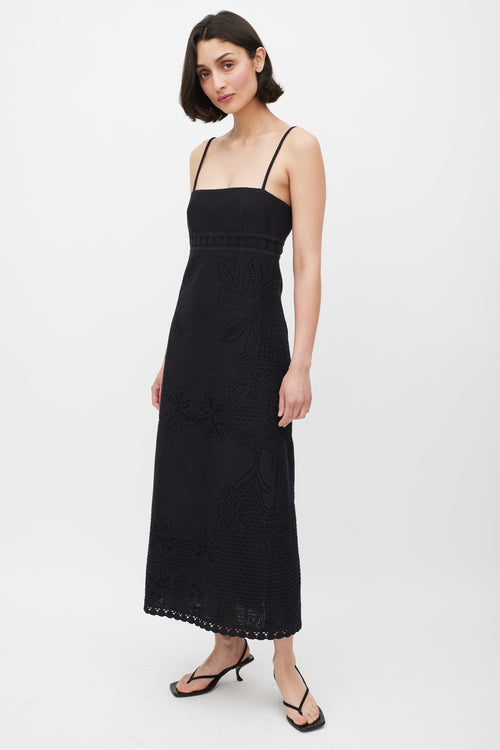 Valentino Black Cotton Floral Eyelet Midi Dress