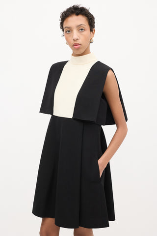 Valentino Black 
Cream Wool Cape Overlay Dress