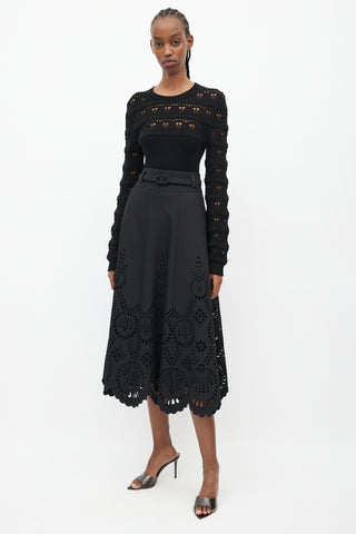 Valentino Black Eyelet VLogo Belted Maxi Skirt