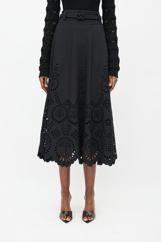 Valentino Black Eyelet VLogo Belted Maxi Skirt