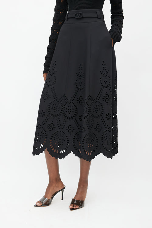 Valentino Black Eyelet VLogo Belted Maxi Skirt